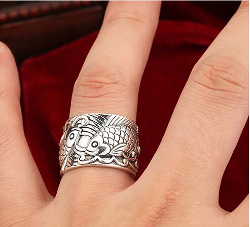 Silver 925 Couple Fish Vintage Wide Open Ring